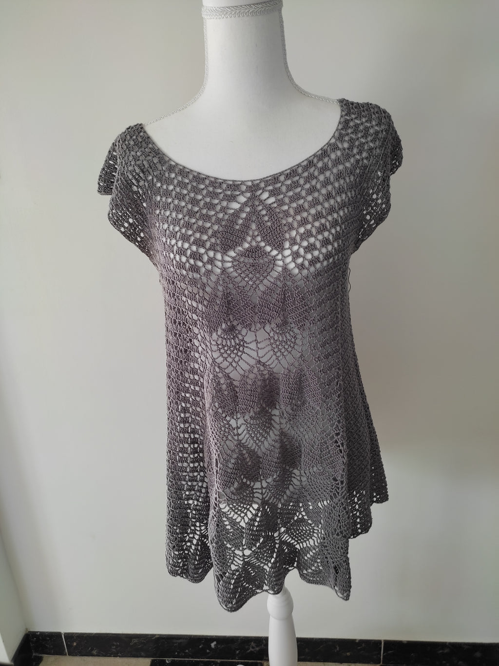 Tunique au crochet fait main – 100% coton gris, légère T40/42