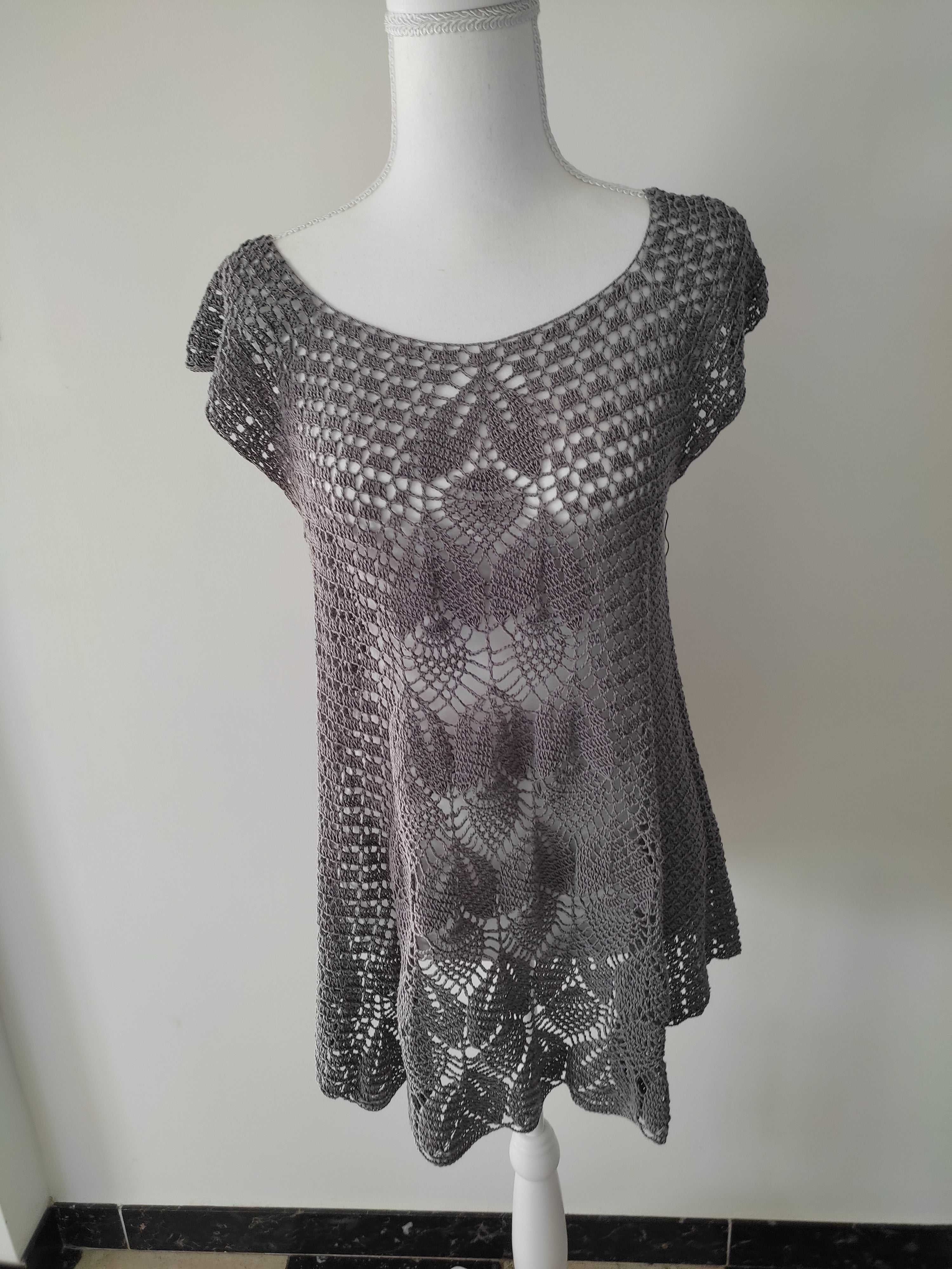 Tunique au crochet fait main – 100% coton gris, légère T40/42