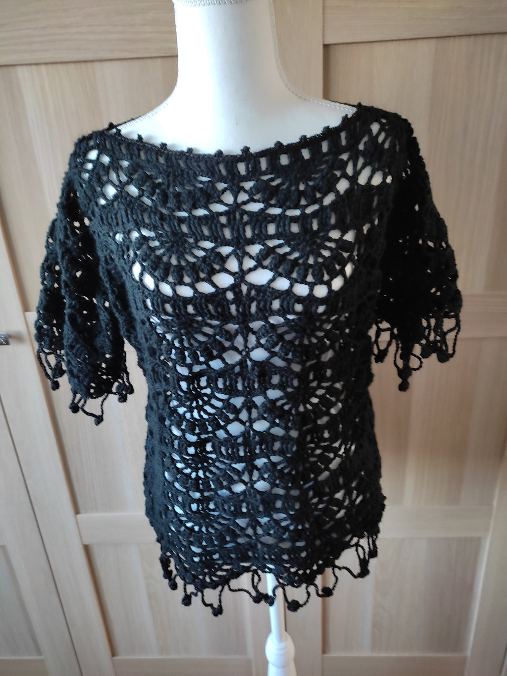 Tunique éventails au crochet fait main – Coton noir T40/42