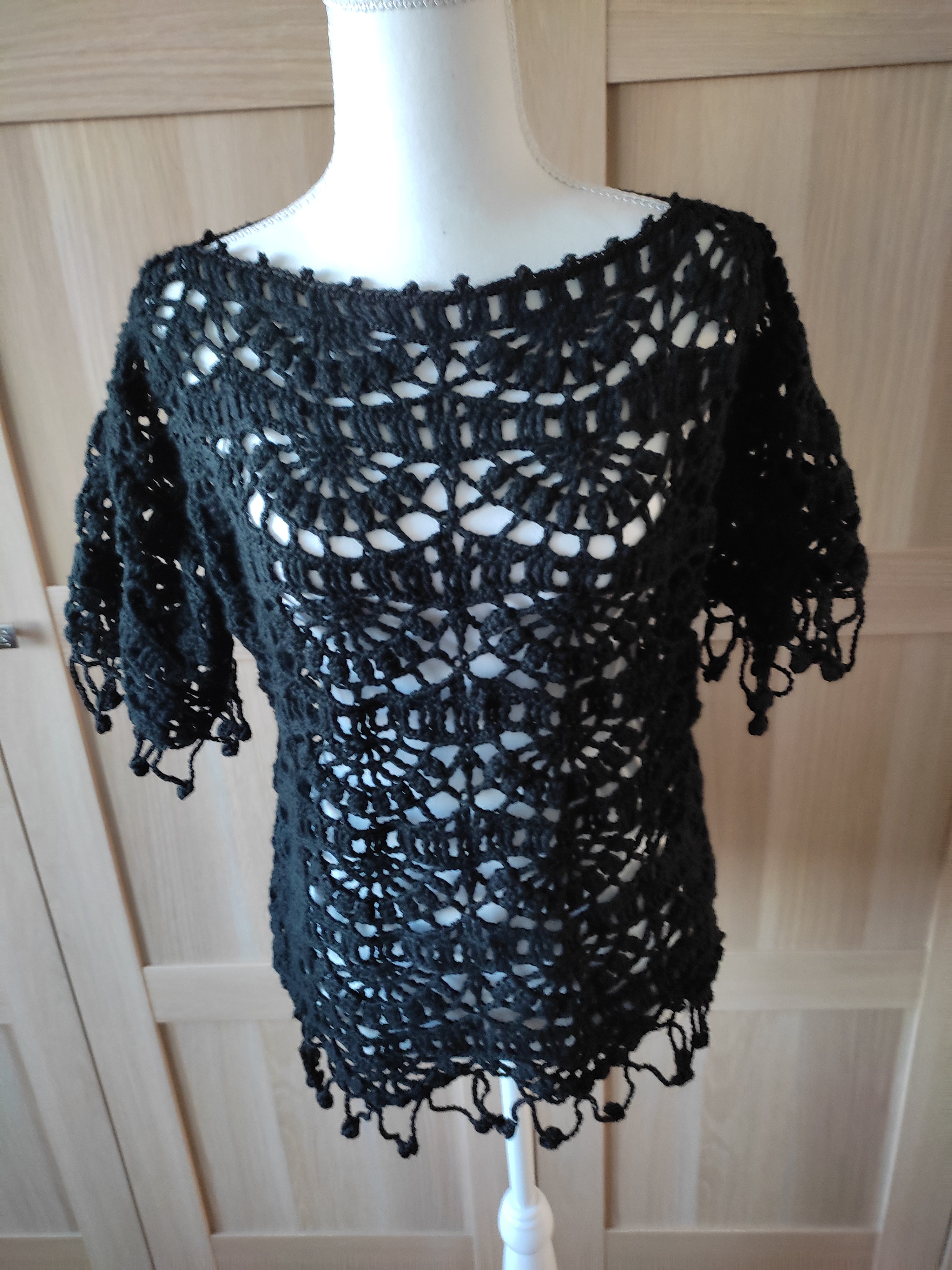 Tunique éventails au crochet fait main – Coton noir T40/42