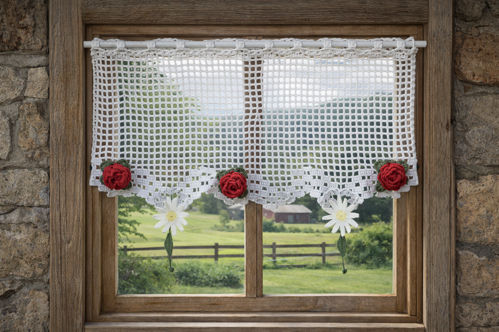 Rideau au crochet fait main, motif roses et marguerites, laine acrylique 64x60 cm