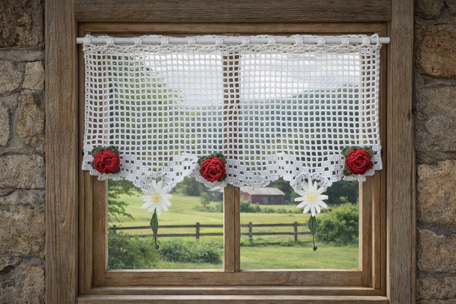 Rideau au crochet fait main, motif roses et marguerites, laine acrylique 64x60 cm