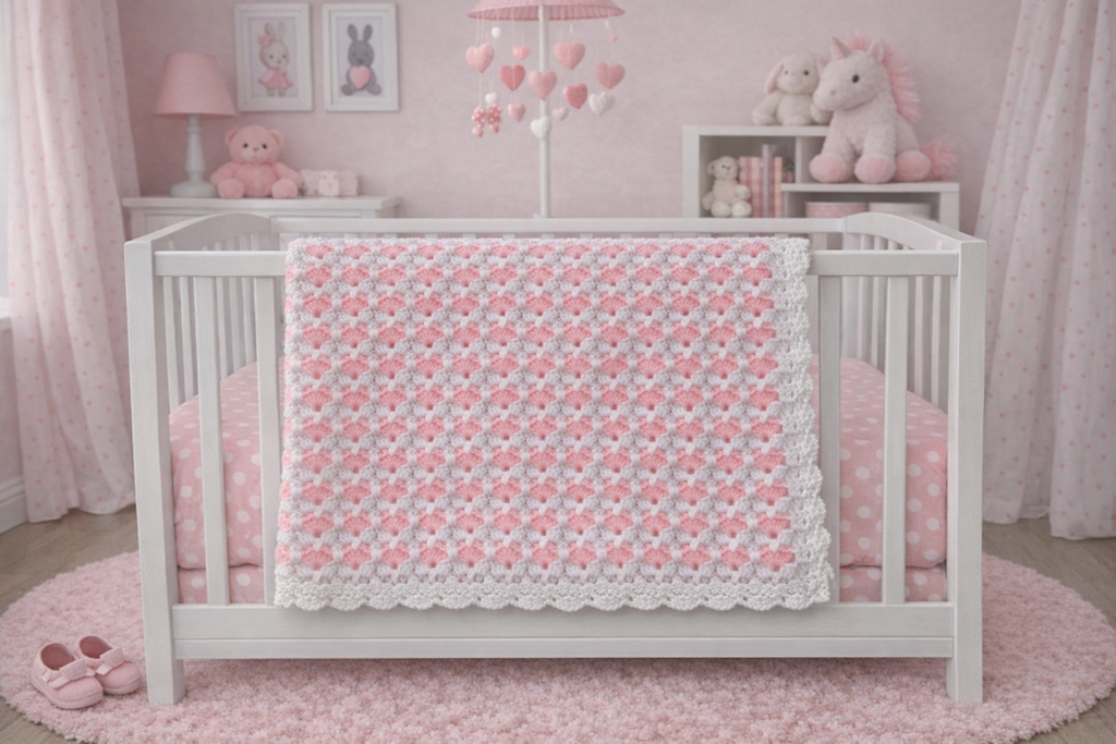 Couverture Bébé au Crochet motifs coeurs