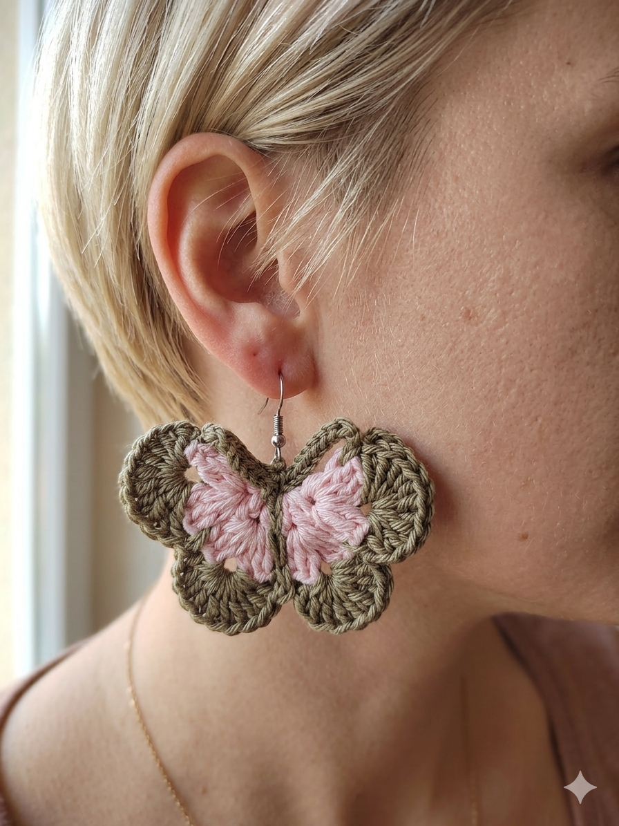 Détail boucles d'oreilles papillons crochet artisanal, pièce unique