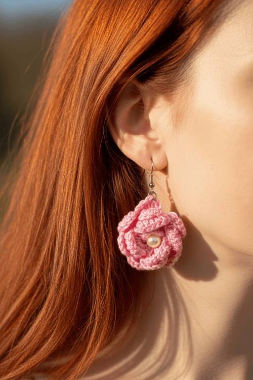 Boucles d'oreilles au crochet – Camellia poudré & Perle - Les créations de Faby