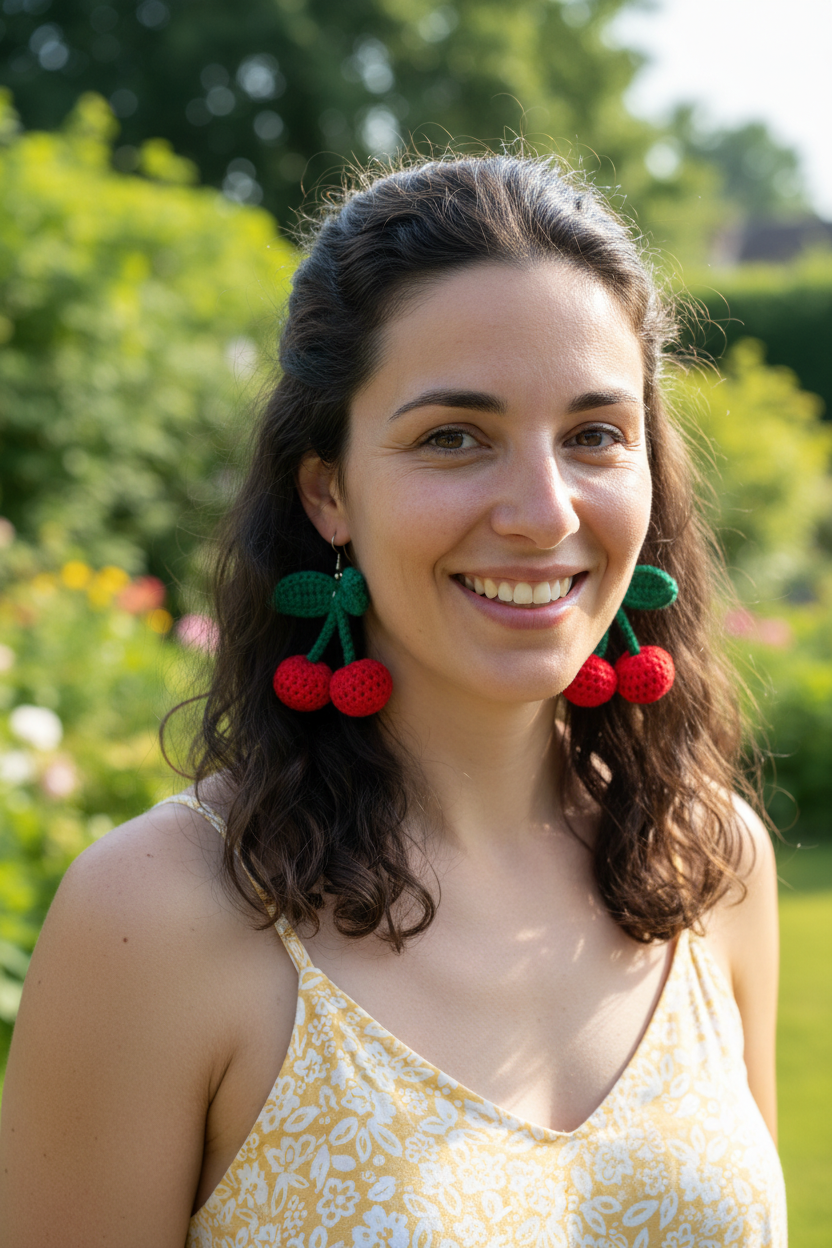 Boucles d'oreilles cerises au crochet portées par une femme de 30 ans