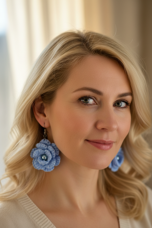 Boucles d'oreilles crochet camellia bleu ciel portées par une femme blonde de 40 ans