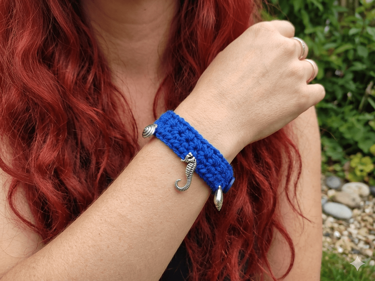 Bracelet au crochet – Bleu océan & breloque coquillage - Les créations de Faby
