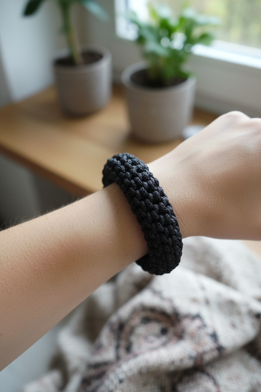 Bracelet crochet noir brillant porté par une femme brune