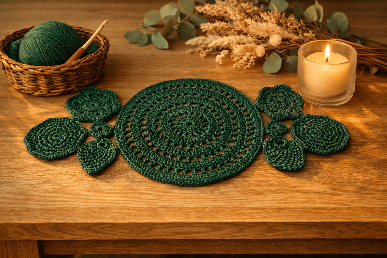 Centre de table au crochet – Fil de macramé vert forêt - Les créations de Faby