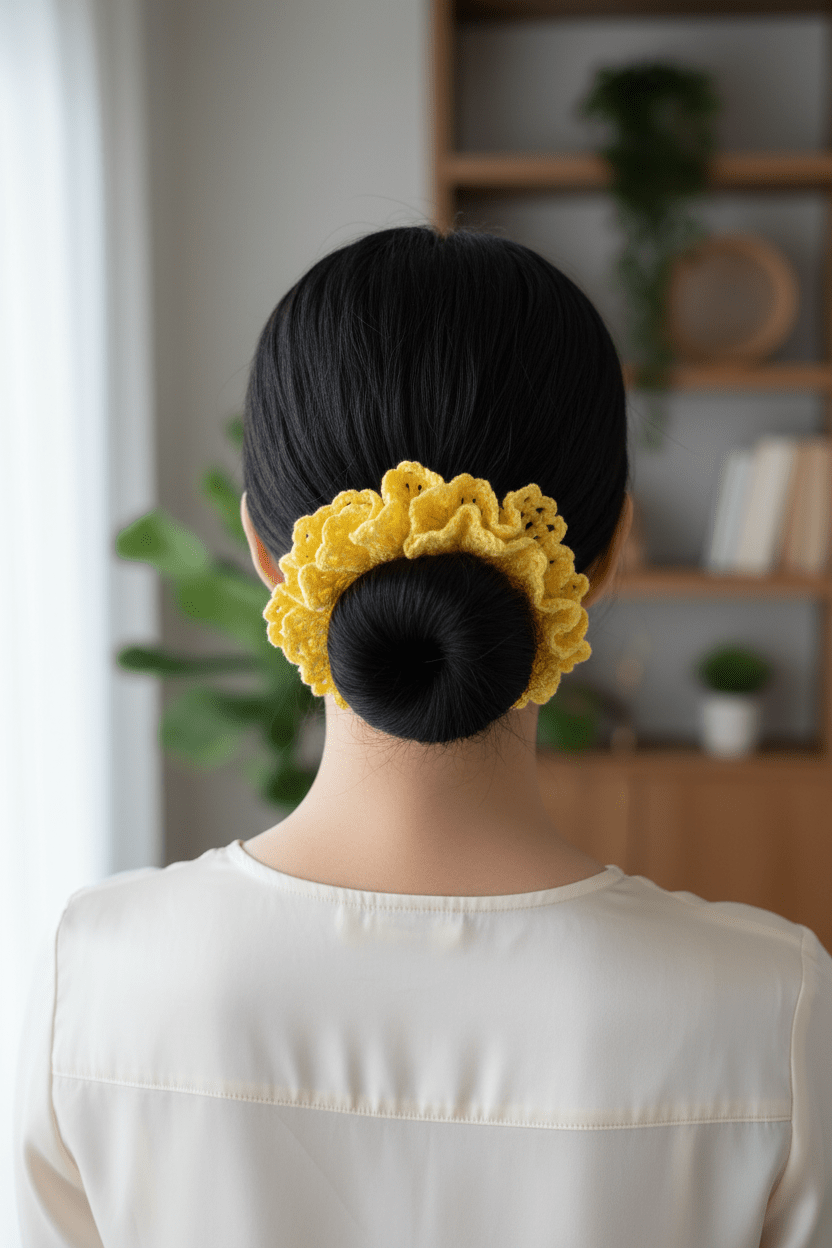 Chouchou au crochet – Dentelle Jaune Soleil - Les créations de Faby