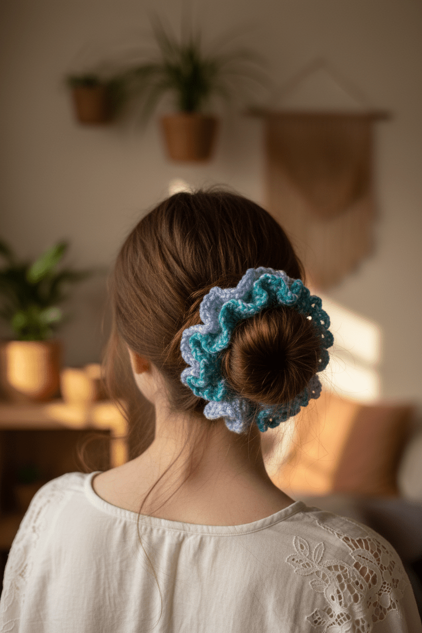 Chouchou au crochet – Turquoise & Lilas - Les créations de Faby