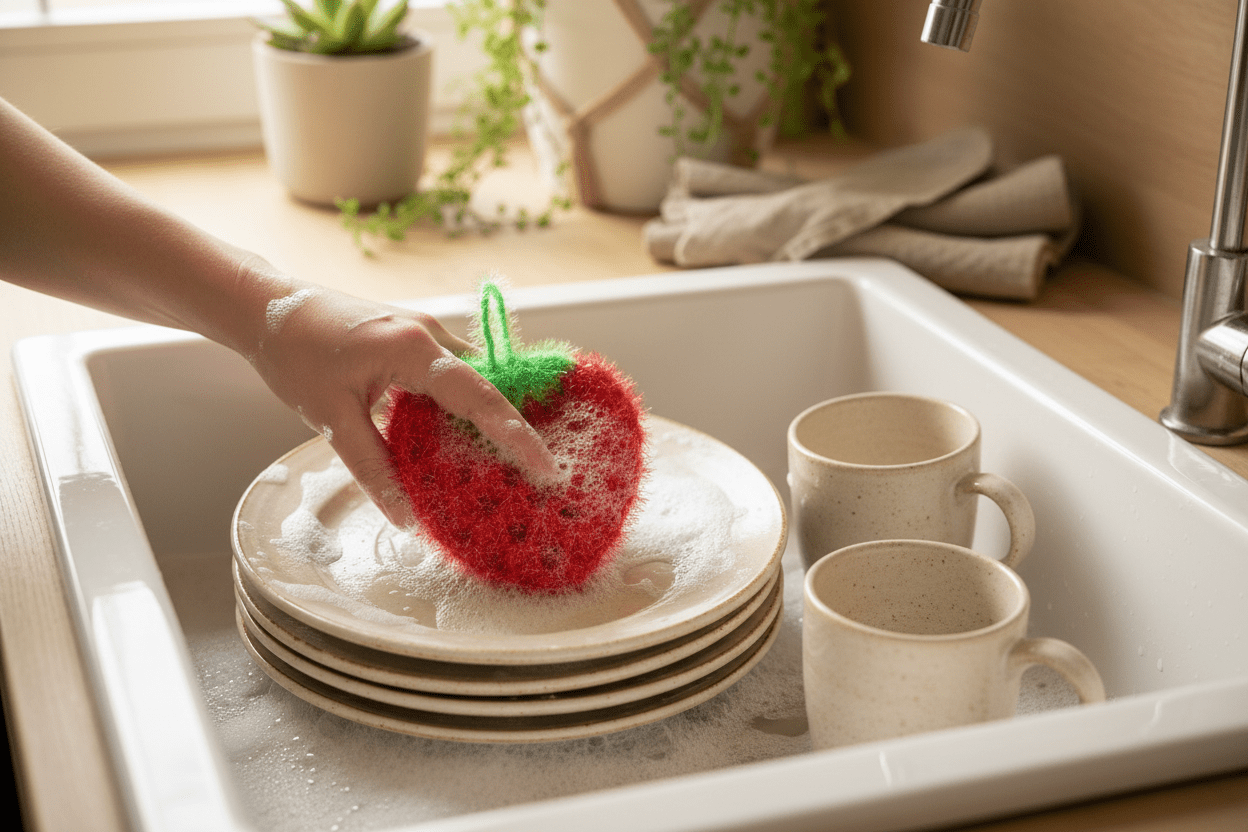 Éponge Fraise au Crochet – Lavette Écologique Faite Main - Les créations de Faby
