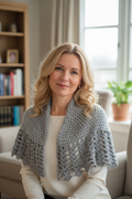 Femme blonde 45 ans portant le châle crochet gris
