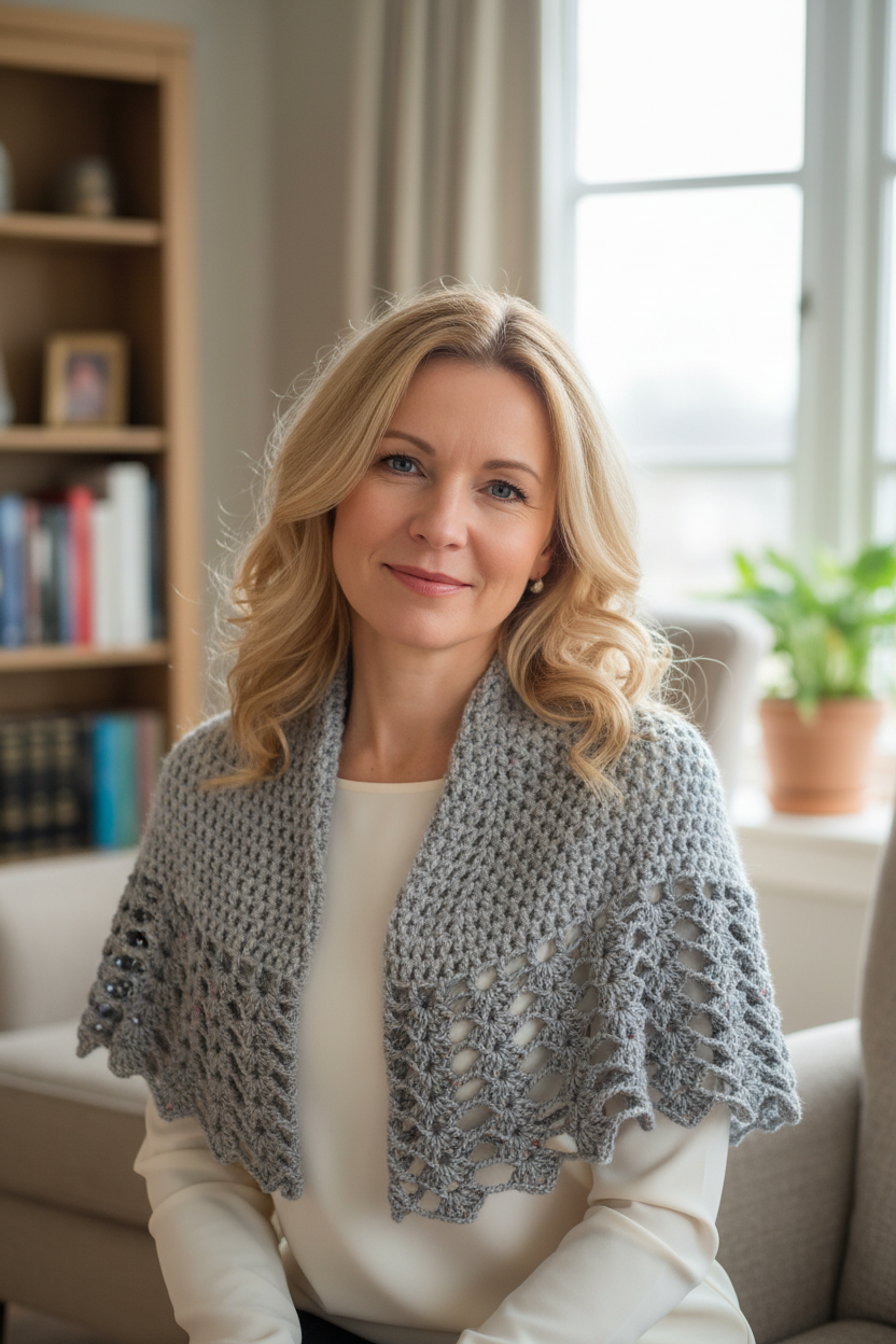 Femme blonde 45 ans portant le châle crochet gris