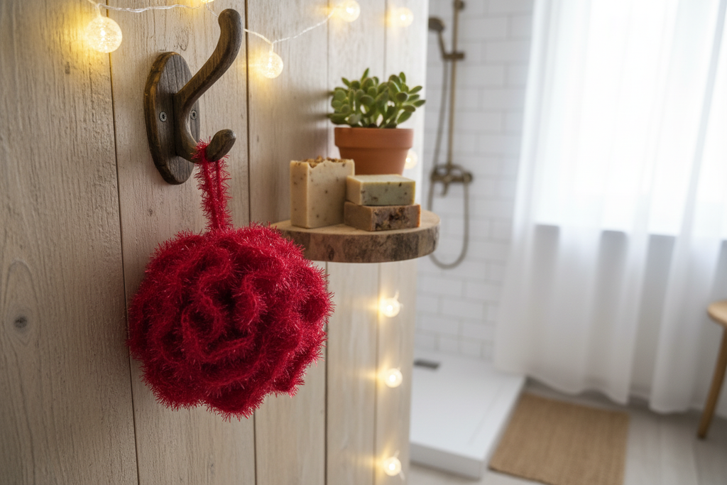 Fleur de douche crochet rouge en scène salle de bain boho