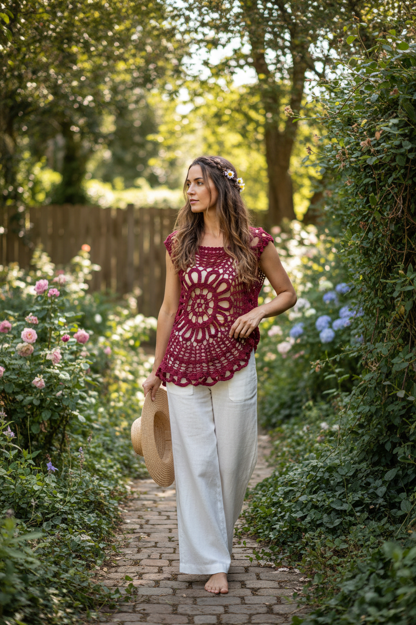 Tunique asymétrique bordeaux au crochet portée en extérieur – style bohème – Les créations de Faby