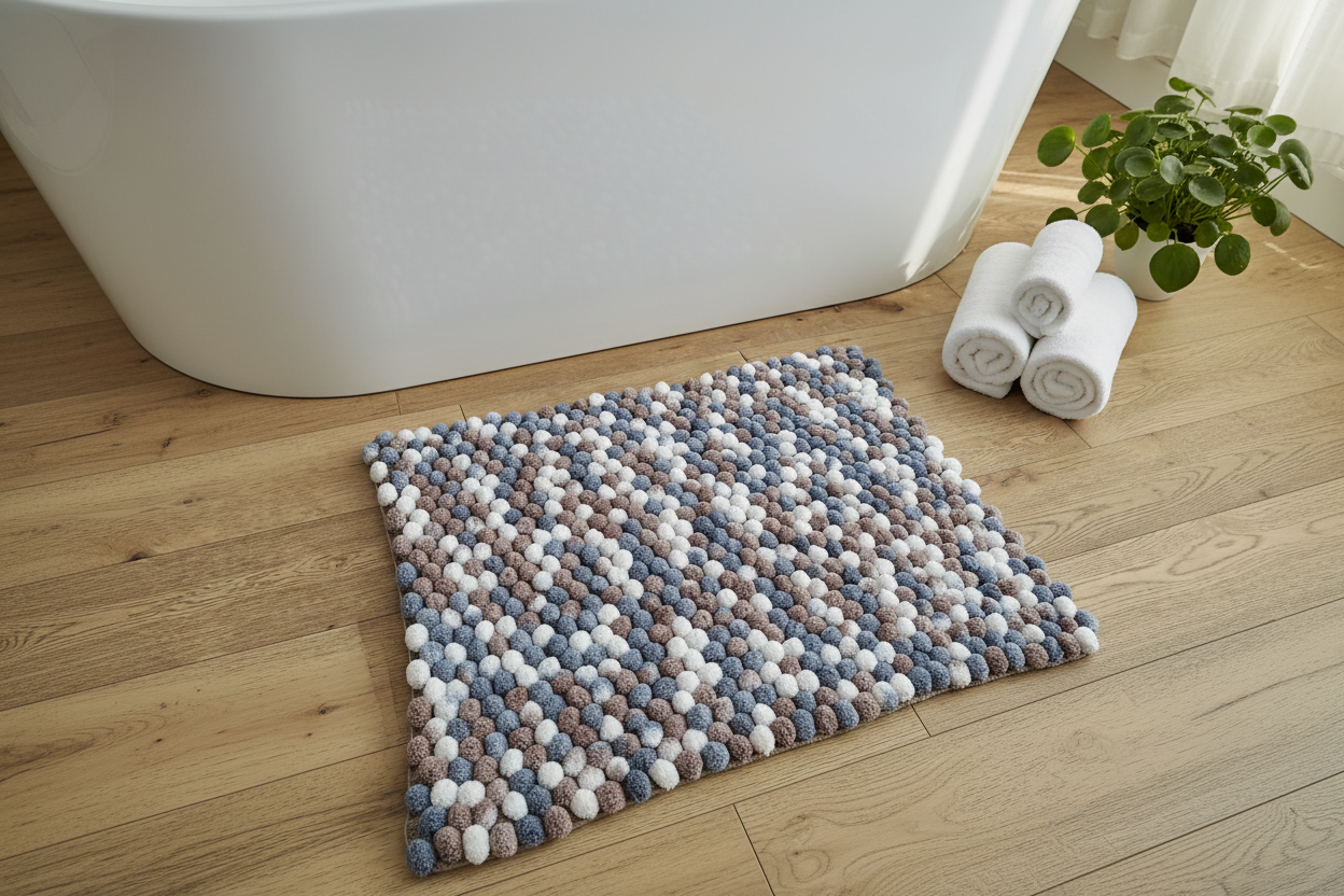 Tapis de douche 3D galet devant baignoire avec serviettes