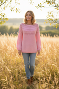 Pull rose malabar au crochet porté – style bohème – Les créations de Faby