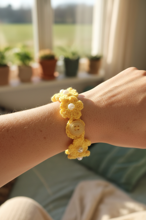 Bracelet au crochet fleurs jaunes avec bouton ivoire porté par une femme blonde