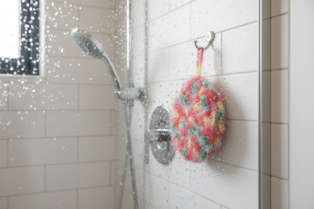 Éponge ronde multicolore au crochet accrochée dans une cabine de douche – accessoire de bain écologique fait main