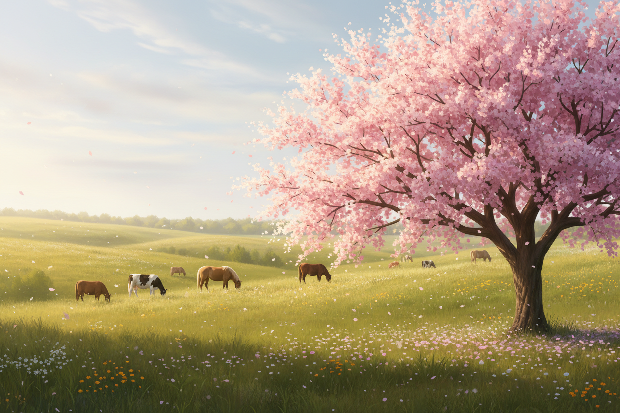 Prunus prairie avec vaches et chevaux